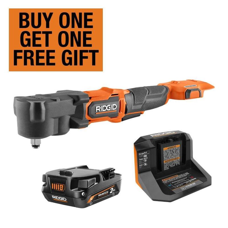 Llave de impacto inalámbrica subcompacta RIDGID 18V sin escobillas de 1/2 pulgadas en ángulo recto con batería de salida máxima de 2.0 Ah y cargador - R8721B-AC840020-AC86093N