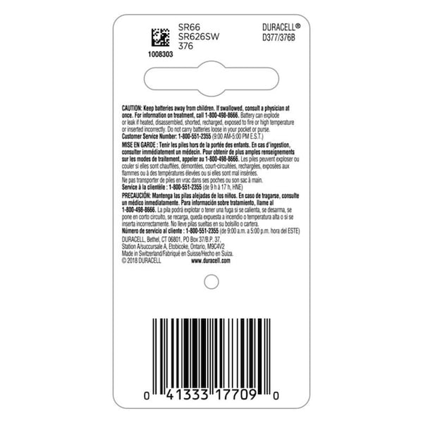 Duracell Duracell Button Cell General Purpose Battery - For Multipurpose - 28 mAh - 1.5 V DC - 1 Each - D377BPK