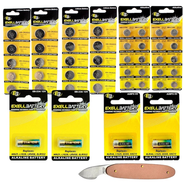 Exell Battery 45pc Essential Batteries Kit 23A A28PX L1154 CR2032 CR2025 & Watch Opener - EB-KIT-108
