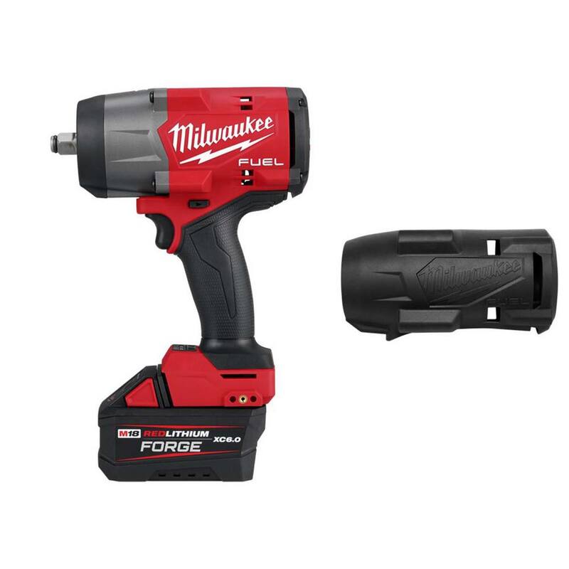 Llave de impacto de alto torque inalámbrica Milwaukee M18 FUEL 18V de ion de litio sin escobillas de 1/2 pulgada con anillo de fricción, kit FORGE y bota protectora - 2967-21F-49-16-2967