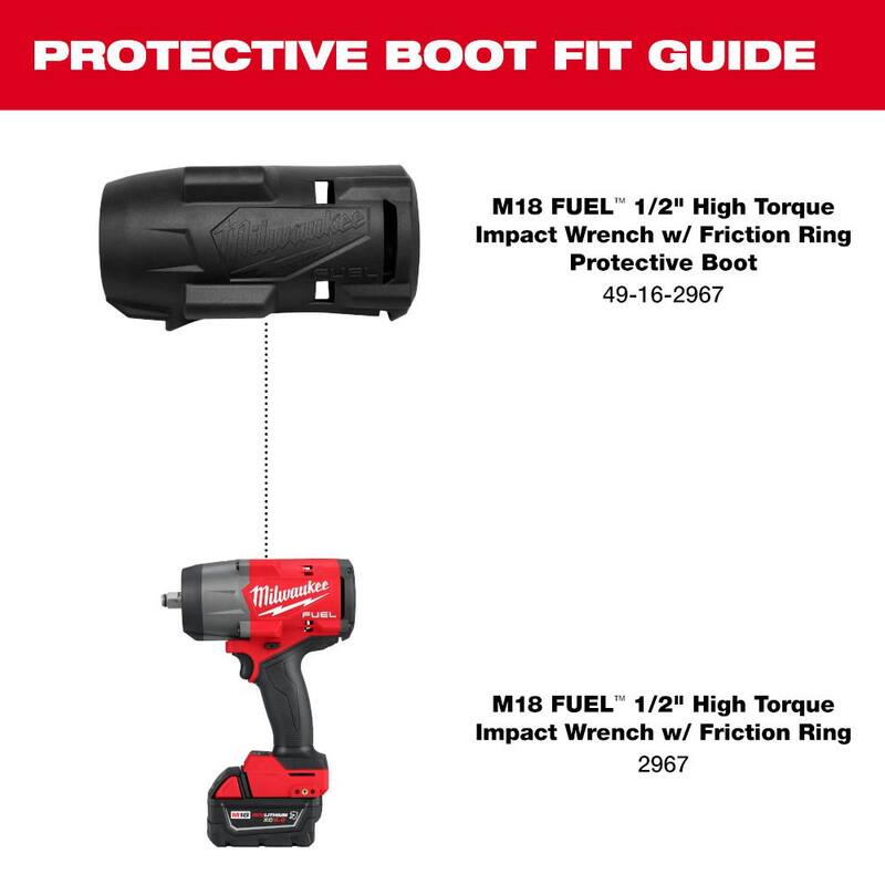 Llave de impacto de alto torque inalámbrica Milwaukee M18 FUEL 18V de ion de litio sin escobillas de 1/2 pulgada con anillo de fricción, kit FORGE y bota protectora - 2967-21F-49-16-2967