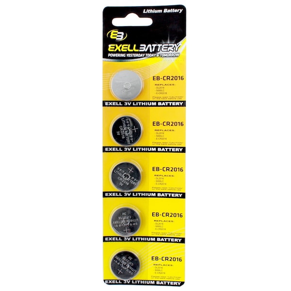 Exell Battery 5pk Exell 3V Lithium Coin Cell Battery CR2016 Replaces DL2016, ECR2016 - EB-CR2016
