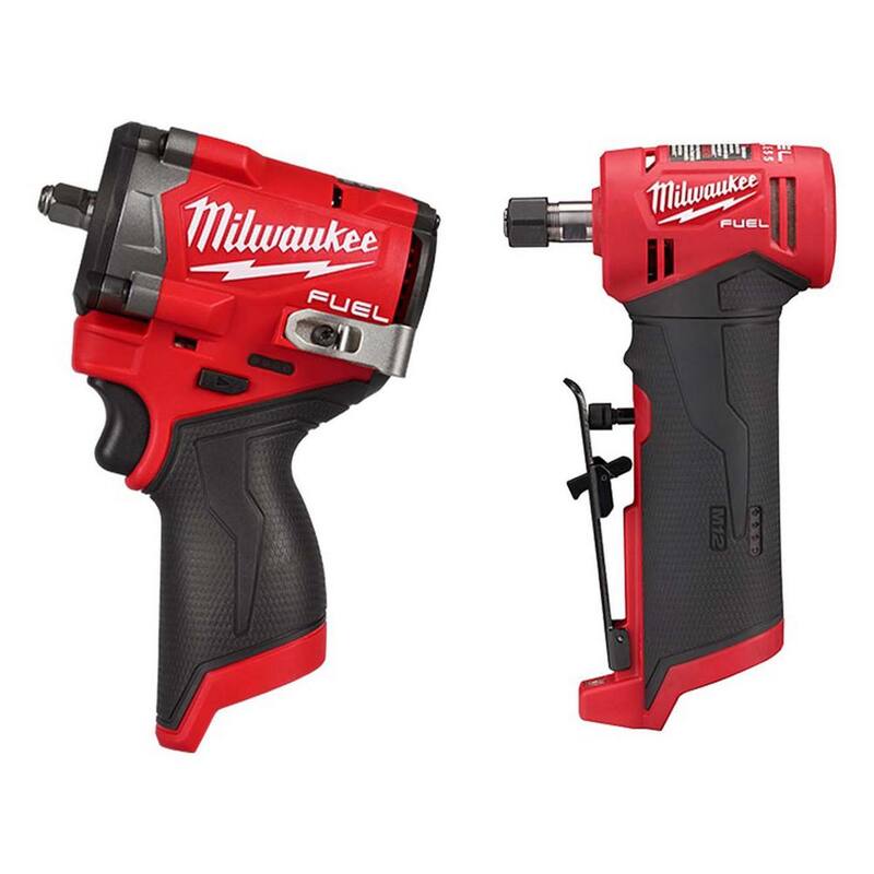 Llave de impacto inalámbrica Milwaukee M12 FUEL de 12V con motor sin escobillas de 3/8 pulgadas, acompañada de una amoladora recta M12 FUEL de 1/4 pulgadas (juego de 2 herramientas) - 2562-20-2485-20.