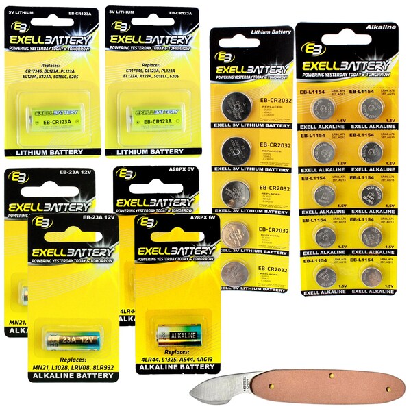 Exell Battery 37pc Essential Batteries Kit 23A L1154 A28PX CR2032 CR123A & Watch Opener - EB-KIT-111
