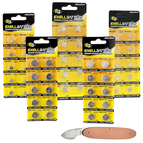 Exell Battery 51pc Alkaline Batteries Kit Includes L726 L621 L626 LL1131 L1154 & Watch Opener - EB-KIT-105