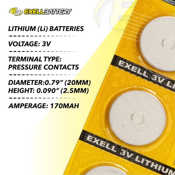 Exell Battery 5pk Exell 3V Lithium Coin Cell Battery CR2025 Replaces DL2025, ECR2025 - EB-CR2025