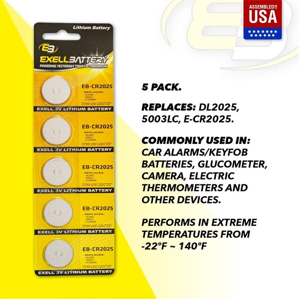 Exell Battery 5pk Exell 3V Lithium Coin Cell Battery CR2025 Replaces DL2025, ECR2025 - EB-CR2025