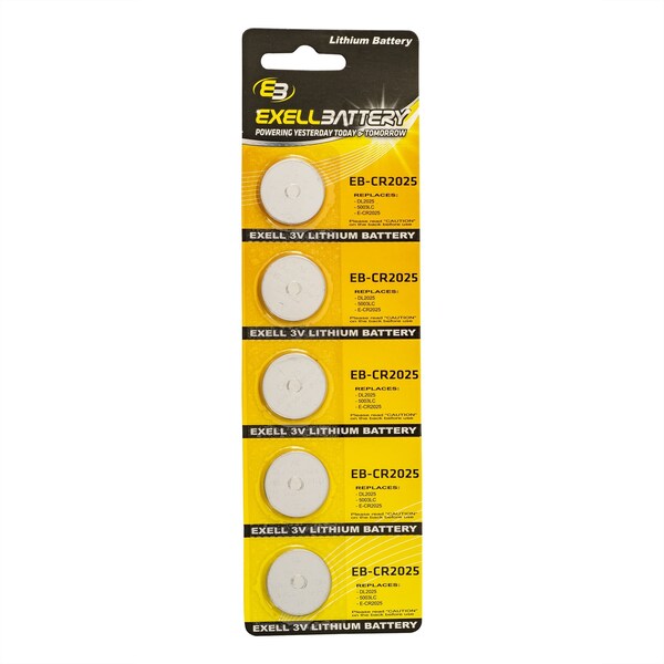 Exell Battery 5pk Exell 3V Lithium Coin Cell Battery CR2025 Replaces DL2025, ECR2025 - EB-CR2025