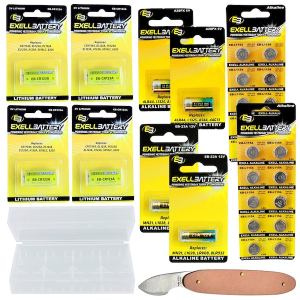 Exell Battery 30pc Essential Batteries Kit 23A L1154 A28PX CR123A & Battery Case, Watch Opener - EB-KIT-112