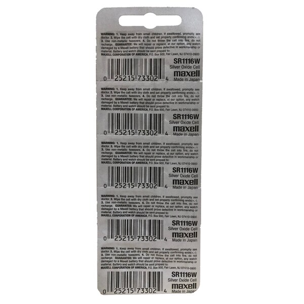 Maxell Silver Oxide Watch Battery SR1116W High Drain Replaces 365, PK 5 - SR1116W