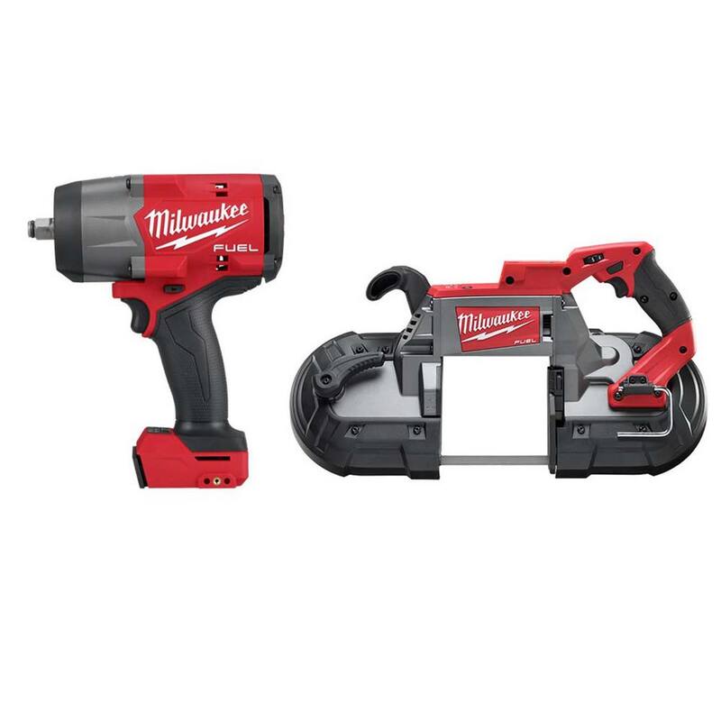Llave de impacto inalámbrica Milwaukee M18 FUEL de 18 voltios con anillo de fricción y sierra de cinta de corte profundo - 2967-20-2729-20