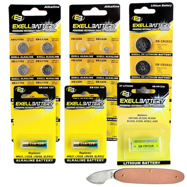 Exell Battery 29pc Essential Batteries Kit 23A L1154 L626 CR2032 CR123A & Watch Opener - EB-KIT-114