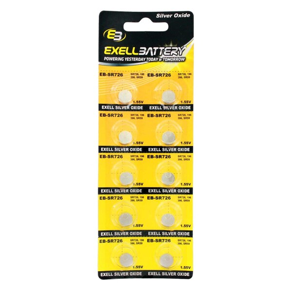 Exell Battery 10pack Exell Silver Oxide 1.5V Watch Battery Replaces 396/397 - EB-SR726