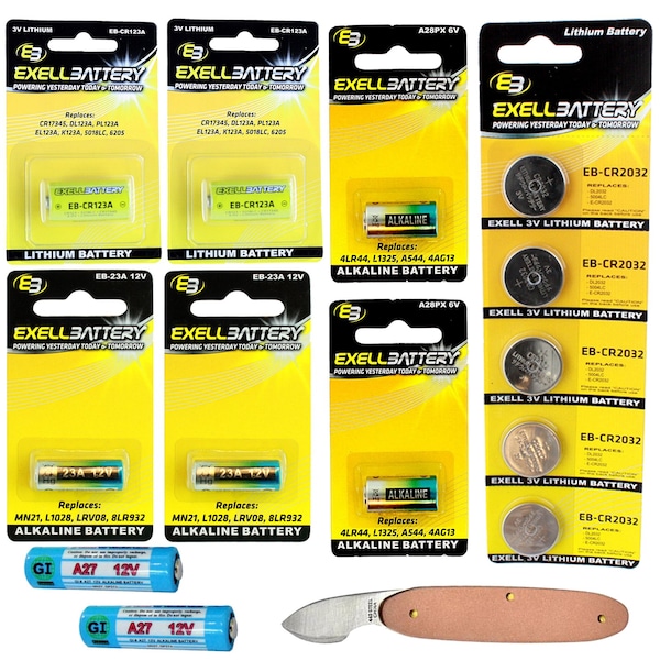 Exell Battery 19pc Essential Batteries Kit 23A A27 A28PX CR2032 CR123A & Watch Opener - EB-KIT-110