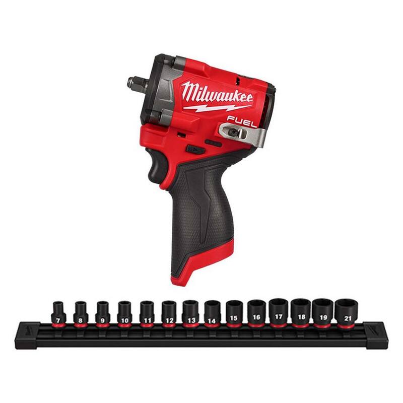 Llave de impacto inalámbrica Milwaukee M12 FUEL 12V Li-Ion sin escobillas de 3/8 pulgadas con juego de 14 piezas de llaves de impacto métricas de 3/8 pulgadas - 2562-20-49-66-7007.