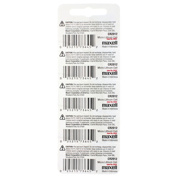 Maxell 3V Lithium Coin Cell Battery CR2012 Replaces CR2012, PK 5 - MCR2012