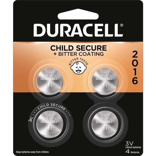 Duracell Duracell Lithium 3V Security Batteries - For Multipurpose - CR2016 - 90 mAh - 3 V DC - 4 / Each - DL2016B4PK