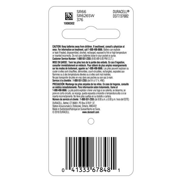 Duracell Duracell Silver Oxide 376/377 1.5 V 0.02 mAh Electronic/Watch Battery 2 pk - D377B2PK08