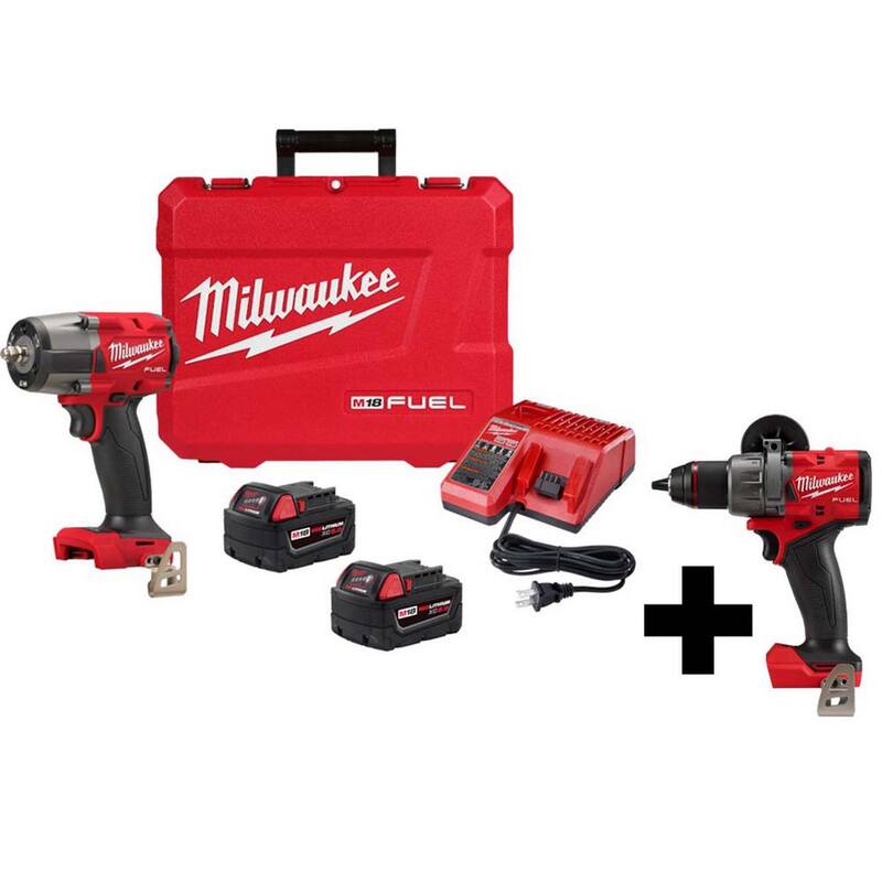 Milwaukee M18 FUEL GEN-2 18V Lithium-Ion Medio Torque sin Escobillas Inalámbrico 3/8 pulgadas Llave de Impacto FR Kit con Taladro de Martillo FUEL de 1/2 pulgadas - 2960-22-2904-20.