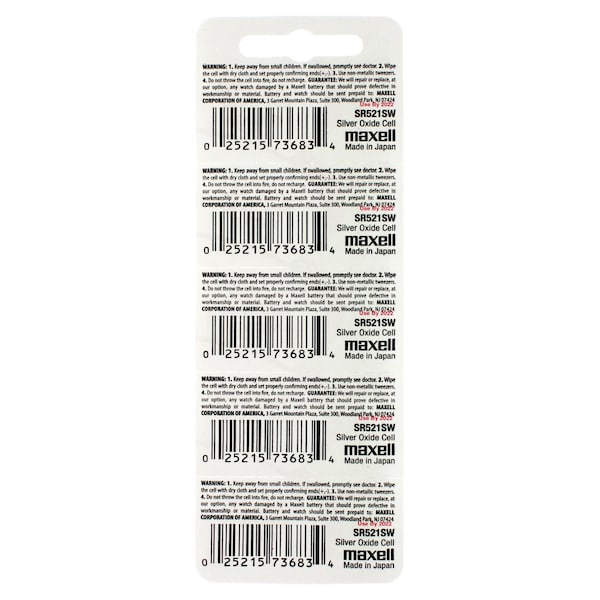 Maxell Silver Oxide Watch Battery SR521SW Low Drain Replaces 379, PK 5 - SR521SW