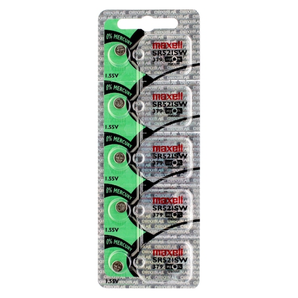 Maxell Silver Oxide Watch Battery SR521SW Low Drain Replaces 379, PK 5 - SR521SW