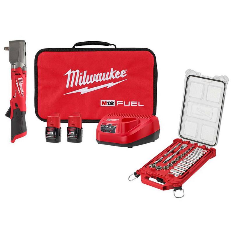Juego de Llave de Impacto Angular Derecho Inalámbrica de Iones de Litio M12 FUEL de 12V de Milwaukee 3/8 in. con Juego de Mecánica de Llave de Trinquete y Vasos de 3/8 in. - 2564-22-48-22-9481