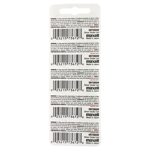 Maxell Silver Oxide SR726SW Low Drain Watch Battery Replace 397, 10L102, PK 5 - SR726SW