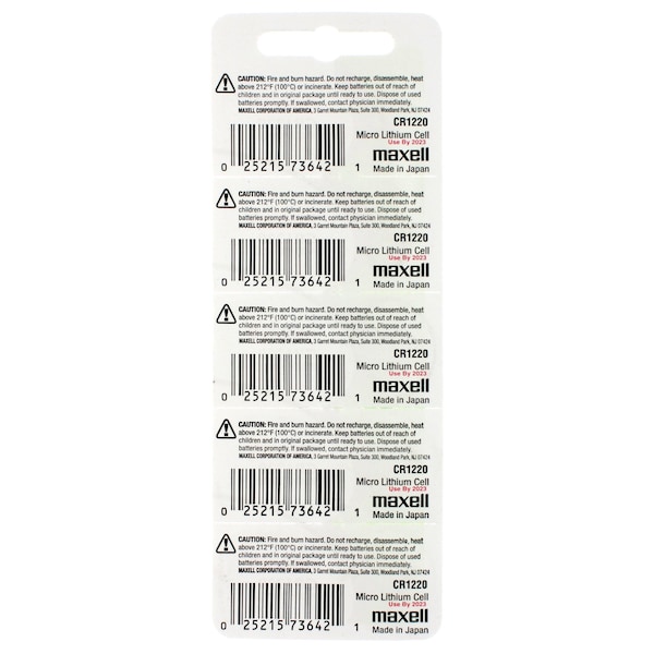 Maxell 3V Lithium Coin Cell Battery CR1220 Replaces DL1220, BR1220, PK 5 - MCR1220