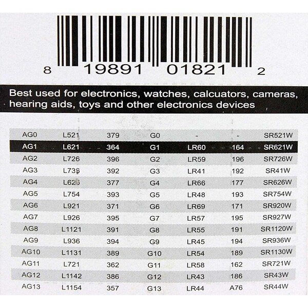 Exell Battery 10pk Exell Alkaline 1.5V Watch Battery Replaces AG1 LR621 364 - EB-L621