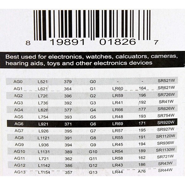 Exell Battery 10pk Exell Alkaline 1.5V Watch Battery Replaces AG6 LR920 370 - EB-L921