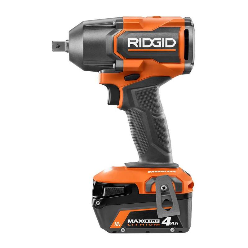 Llave de impacto de medio torque RIDGID de 18V sin escobillas 4 modos 1/2 in con pasador de retención, batería MAX de 4.0 Ah y cargador - R86012PDK