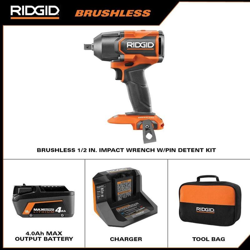 Llave de impacto de medio torque RIDGID de 18V sin escobillas 4 modos 1/2 in con pasador de retención, batería MAX de 4.0 Ah y cargador - R86012PDK