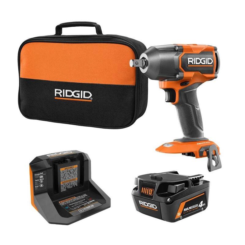 Llave de impacto de medio torque RIDGID de 18V sin escobillas 4 modos 1/2 in con pasador de retención, batería MAX de 4.0 Ah y cargador - R86012PDK