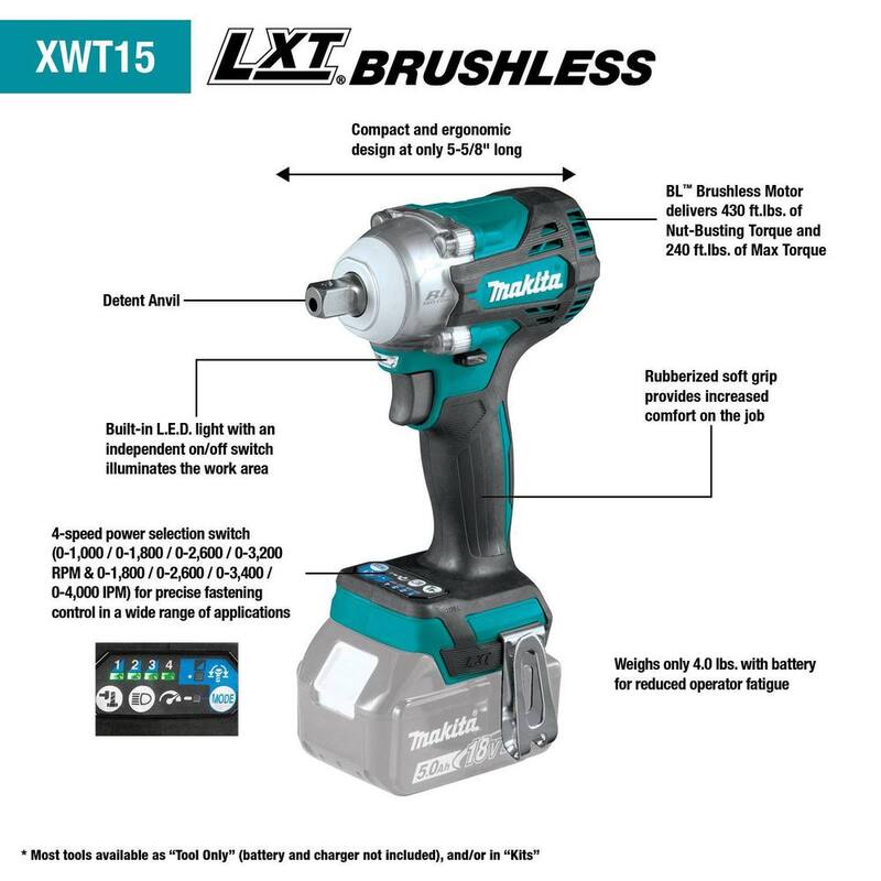 Llave de impacto para uso general inalámbrica de 4 velocidades de 1/2 pulgadas sin escobillas y con batería de iones de litio de 18V LXT de Makita con yunque de retención (Herramienta solamente) - XWT15XVZ.