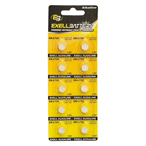 Exell Battery 10pk Exell Alkaline 1.5V Watch Battery Replaces AG3 LR41 392 - EB-L736