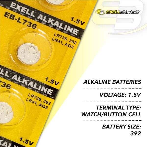 Exell Battery 10pk Exell Alkaline 1.5V Watch Battery Replaces AG3 LR41 392 - EB-L736