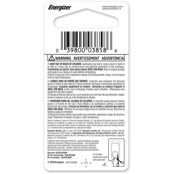 Energizer Energizer 1616 Lithium Coin Battery, 1 Pack - 3V DC - ECR1616BP