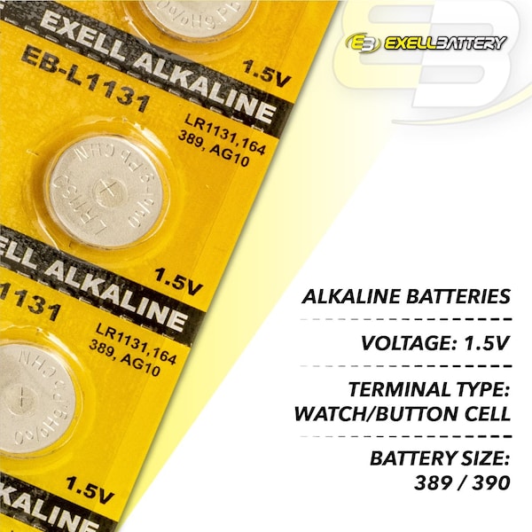 Exell Battery 10pk Exell Alkaline 1.5V Watch Battery Replaces AG10 389 LR54 - EB-L1131