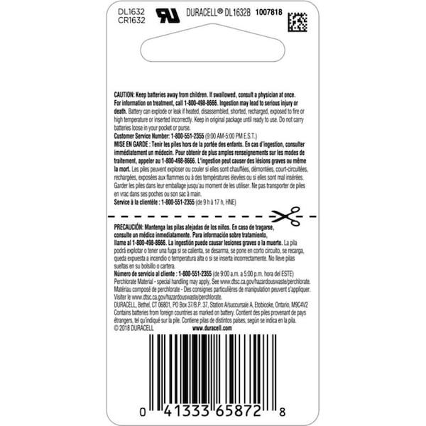 Duracell Duracell DL1632 Lithium Coin Battery - For Keyfob Transmitter - Coin Cell - 3 V DC - 1 Each - DL1632BPK