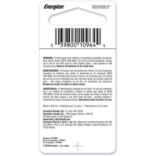 Energizer Energizer 377 Silver Oxide Button Battery, 1 Pack - For Multipurpose - 1.55 V DC - 1 Each - 377BPZ