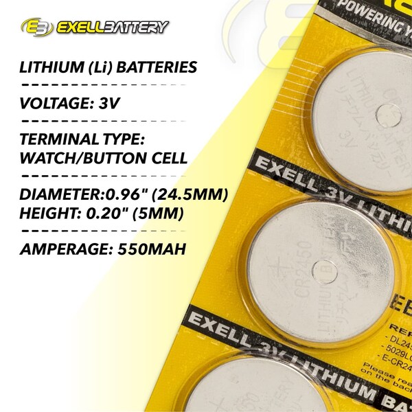 Exell Battery 5pack Exell 3V Lithium Coin Cell Battery Replaces DL2450 - EB-CR2450