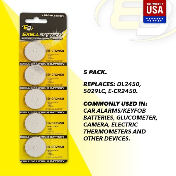 Exell Battery 5pack Exell 3V Lithium Coin Cell Battery Replaces DL2450 - EB-CR2450