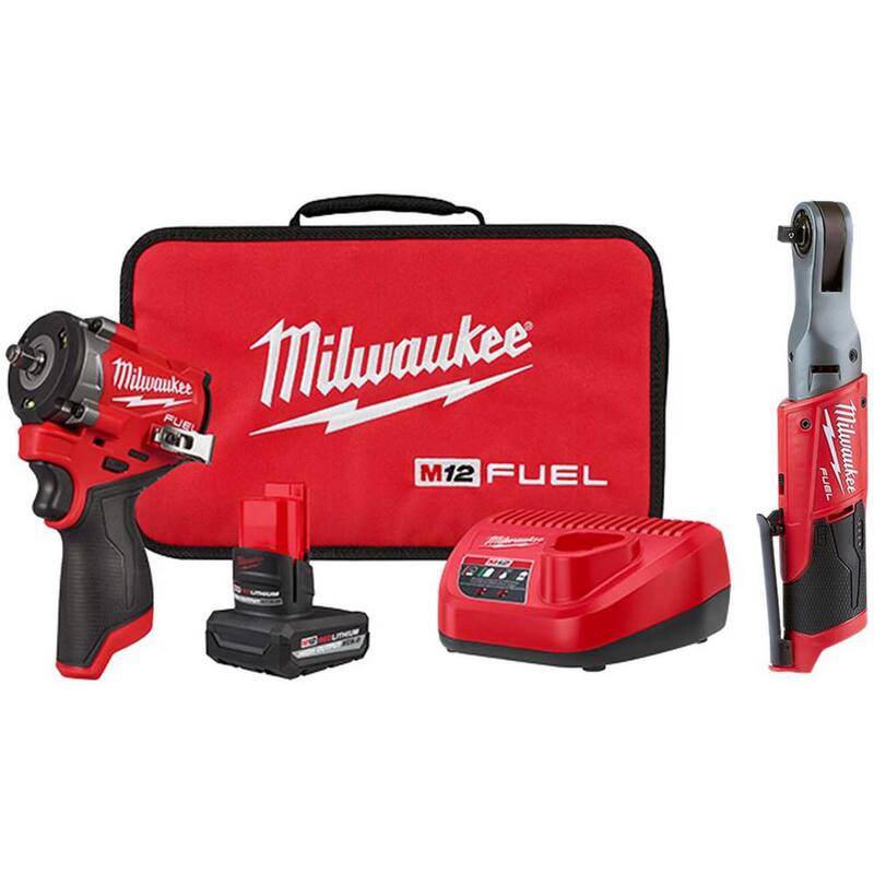 Kit de Llave de Impacto Inalámbrica Milwaukee M12 FUEL 12V Lithium-Ion sin escobillas de 3/8 pulgadas con Llave de Trinquete M12 de 3/8 pulgadas (Herramienta Única) - 2562-21-2557-20