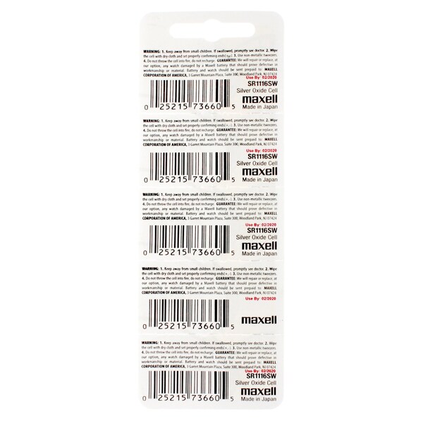 Maxell Silver Oxide SR1116SW Low Drain Watch Battery Replaces 365, 366, PK 5 - SR1116SW