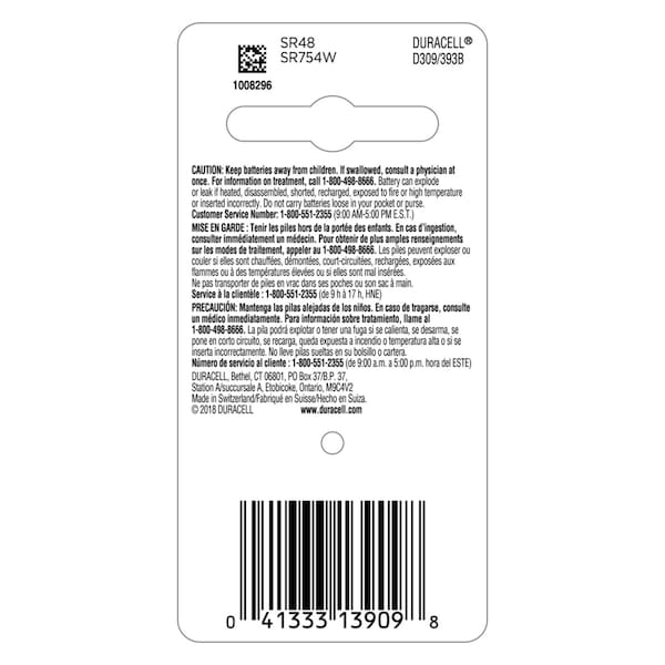 Duracell Duracell Silver Oxide 309/393 1.5 V 80 mAh Electronic/Watch Battery 1 pk - D309/393BPK