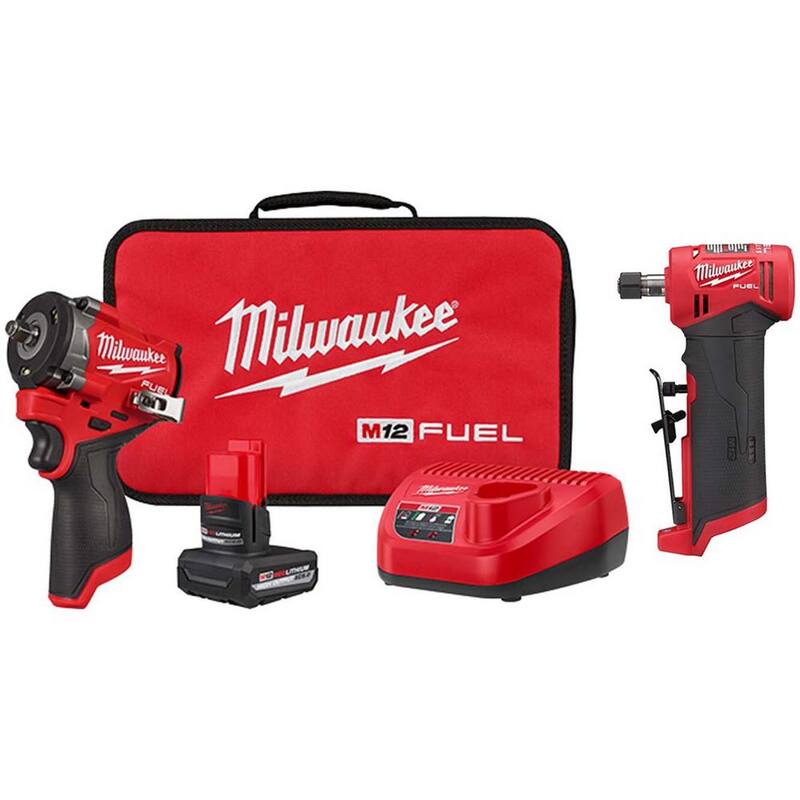 Llave de impacto inalámbrica con motor sin escobillas Milwaukee M12 FUEL de 12V y 3/8 in., Kit con esmeriladora angular derecha M12 FUEL de 1/4 in. - 2562-21-2485-20