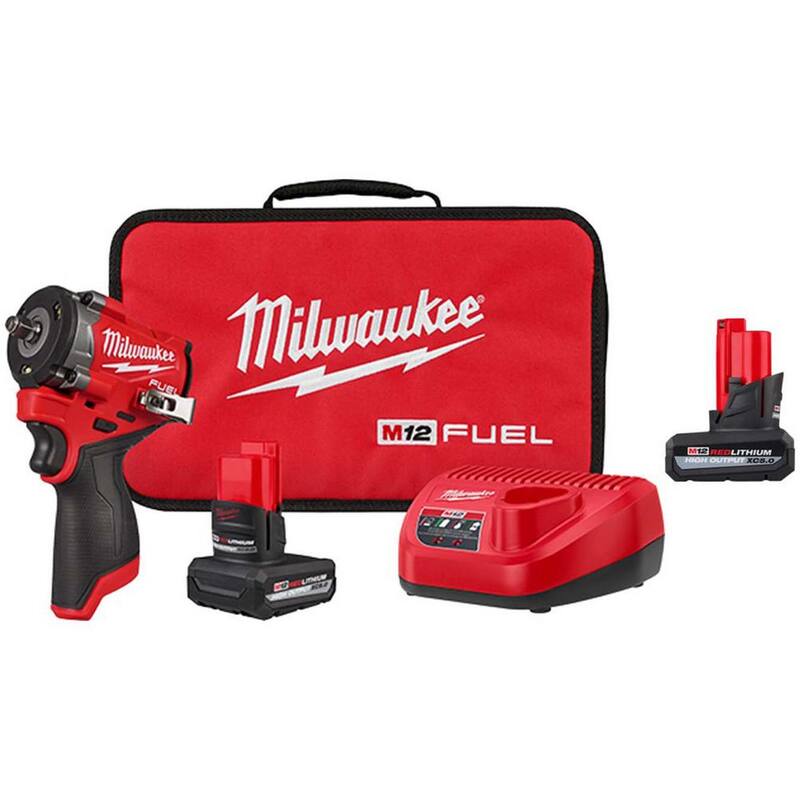 Juego de llave de impacto inalámbrica sin escobillas Milwaukee M12 FUEL 12V de 3/8 pulgadas con batería M12 XC de alto rendimiento de 5.0 Ah - 2562-21-48-11-2450