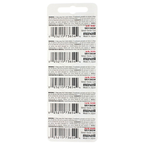Maxell Silver Oxide Watch Battery SR1136SW Low Drain Replaces 344, PK 5 - SR1136SW