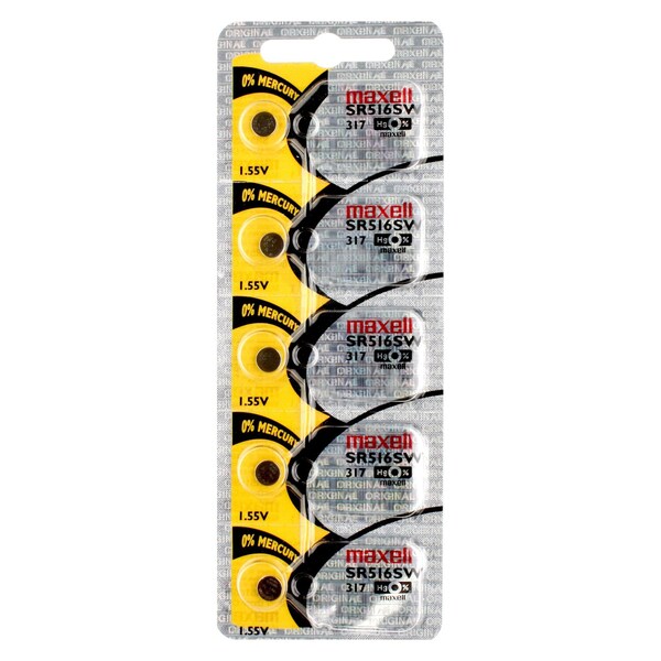 Maxell Silver Oxide Watch Battery SR516SW Low Drain Replaces 317, PK 5 - SR516SW