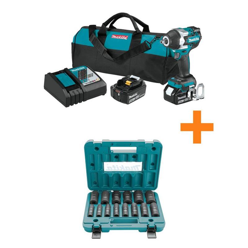 Juego de llave de impacto inalámbrica sin escobillas 1/2 in. Makita 18V LXT con yunque detente, 5.0Ah con juego de vasos de impacto 1/2 in. - XWT18T-A-96372